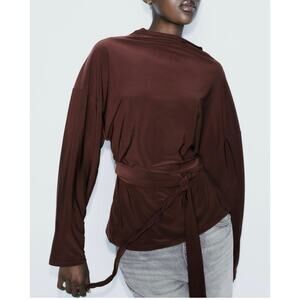 Zara Draped Belted Top Maroon Long Sleeve Size Medium NWOT